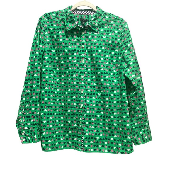Talbots Ladybug Heart Pattern Button Down Artsy Colorful Teacher Sz Petite XL - Picture 1 of 9